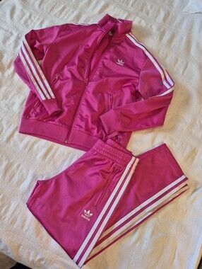Adidas girls size Small or 10 fuchsia pink zip up jacket & matching pants EUC